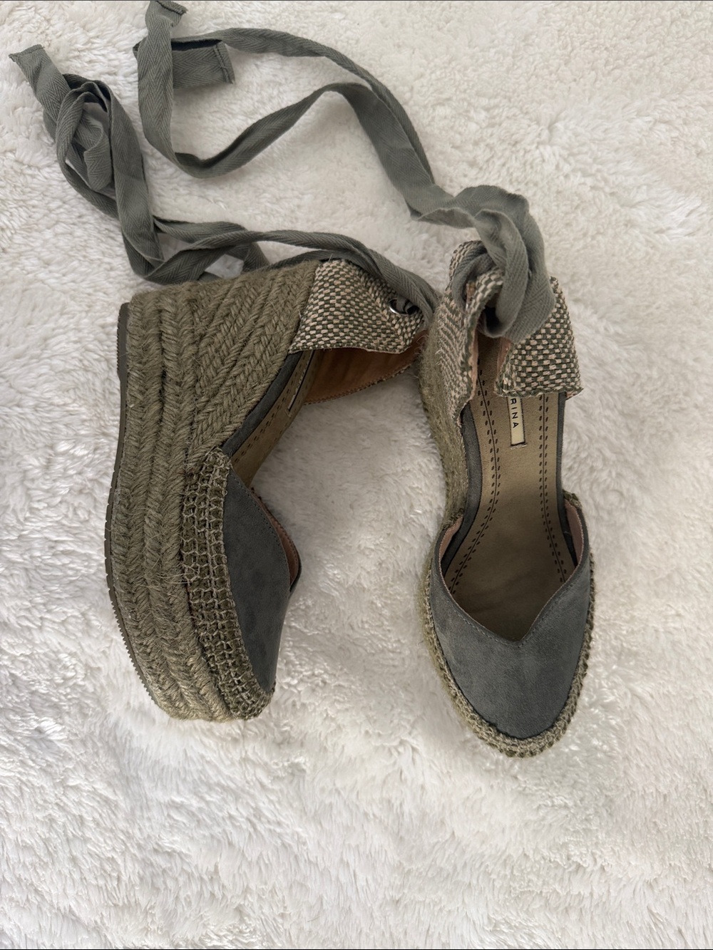 Corina Spanish Castaner Olive Suede and Woven Espadrille Wedges with Ankle Ties